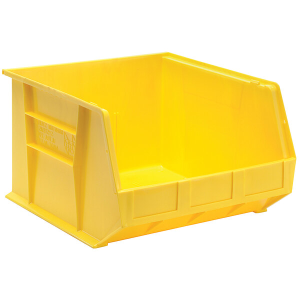 A yellow Quantum plastic bin with handles.