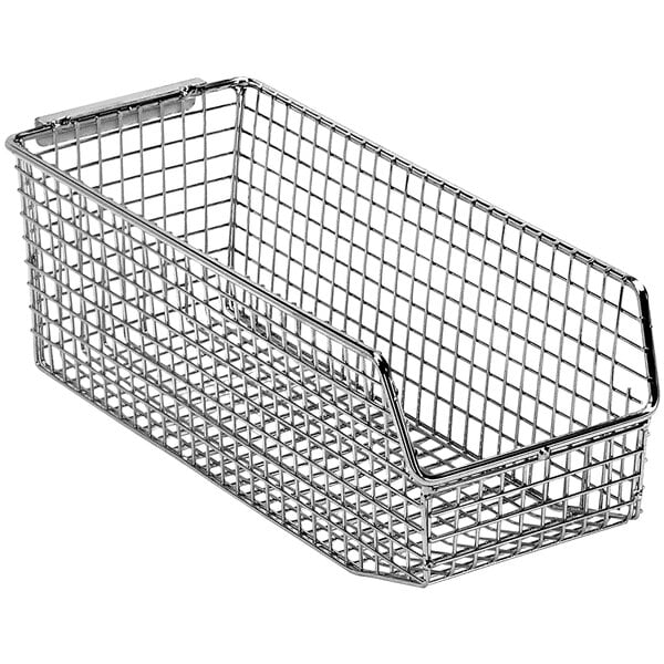 A Quantum chrome wire mesh bin with wire handles on a white background.