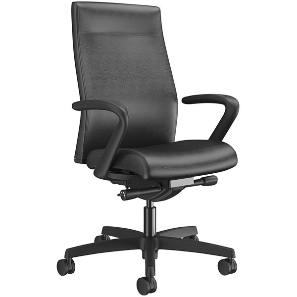 HON Ignition 2.0 Upholstered Black Vinyl Mid-Back Task Chair with Fixed Arms