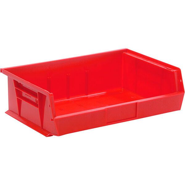 A red Quantum hanging bin with a handle.