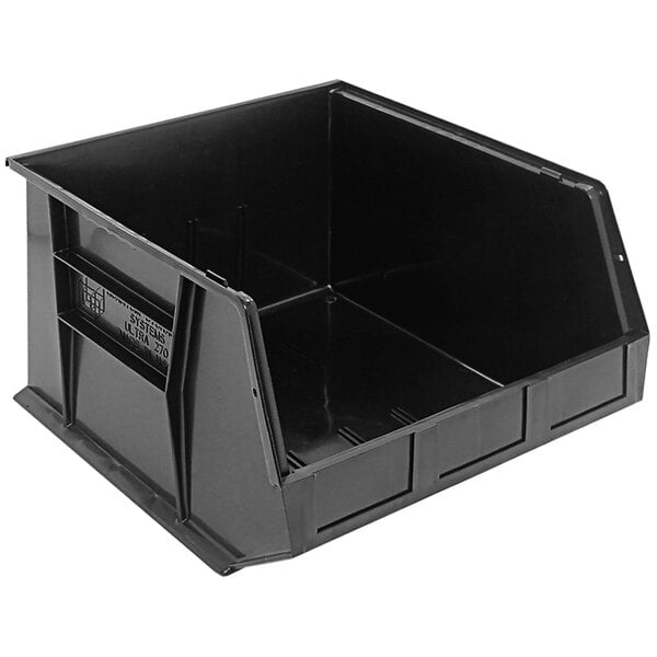 A black plastic Quantum hanging bin with a label and lid.