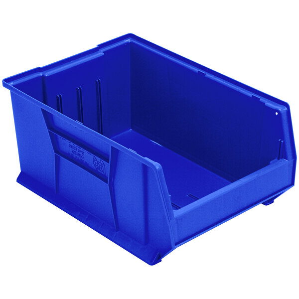 A Quantum blue plastic bin with a lid.