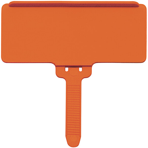 An orange plastic label tag holder with a long handle.