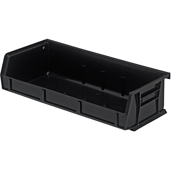 A black plastic Quantum hanging bin with two compartments.