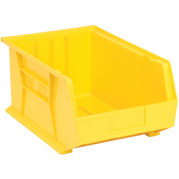 A yellow rectangular Quantum hanging bin.