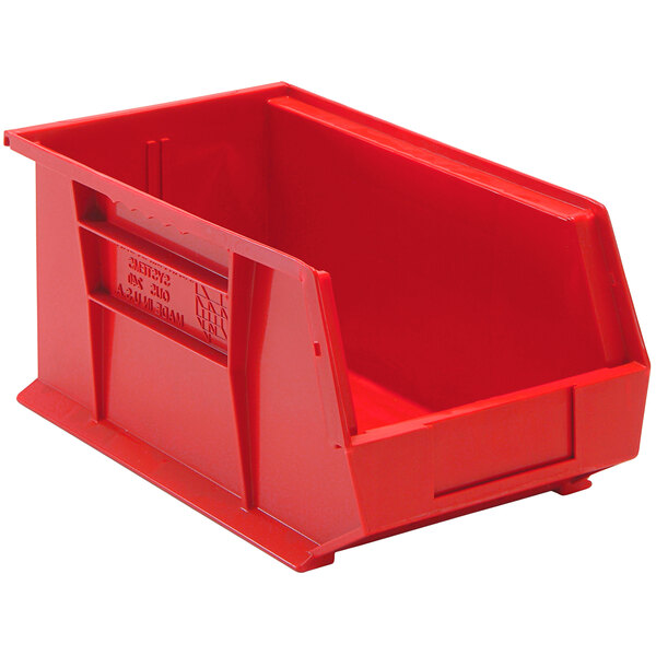 A red plastic Quantum bin with a handle.