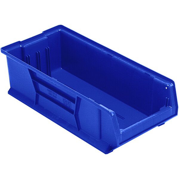 A Quantum Blue Hulk industrial storage bin with a rectangular bottom and a handle.