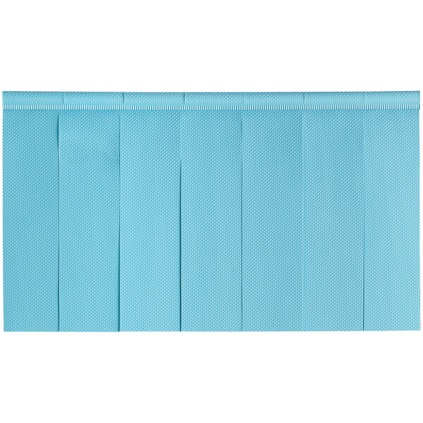 A blue curtain with pleated edges and white rectangular pattern.