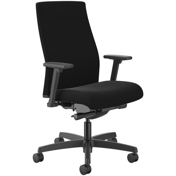 A black HON Ignition office chair with arms and wheels.