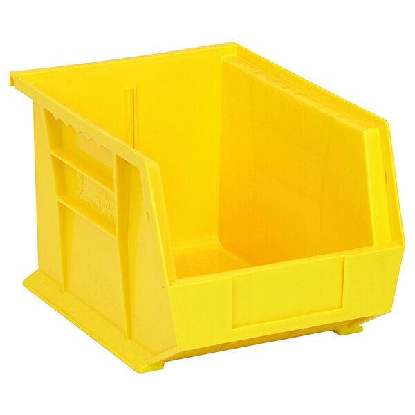 A yellow Quantum storage bin with two compartments.