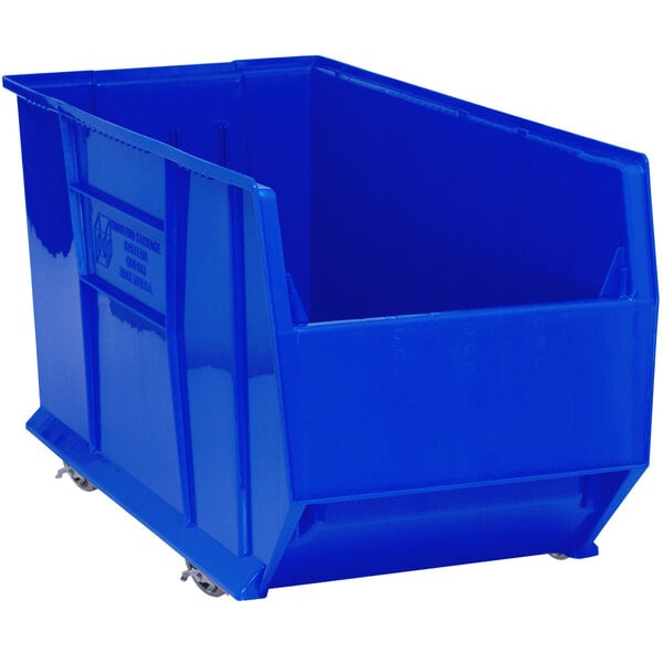 A Quantum blue plastic bin with wheels.