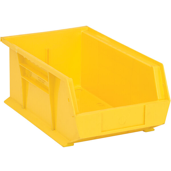 A yellow plastic Quantum hanging bin with a handle.