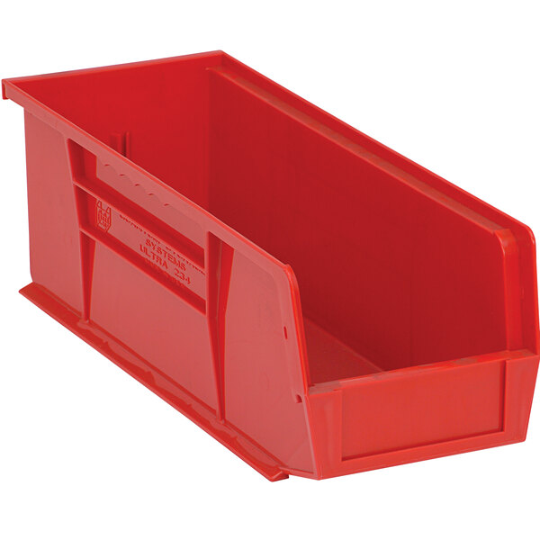 A Quantum red plastic bin with a handle.