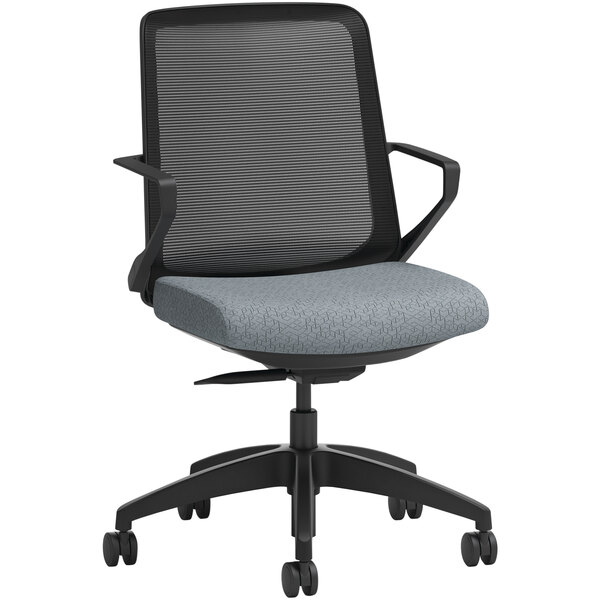 A HON grey office chair with black wheels and arms.