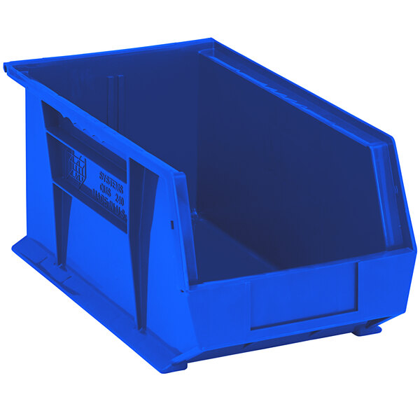 A blue plastic Quantum hanging bin.