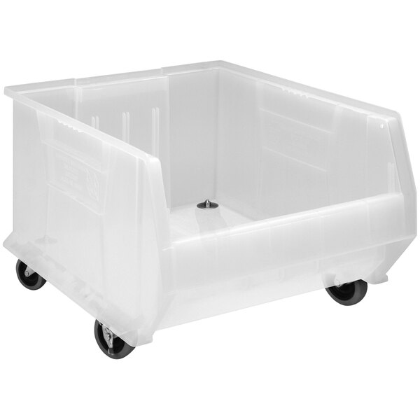 A white plastic container with black wheels.