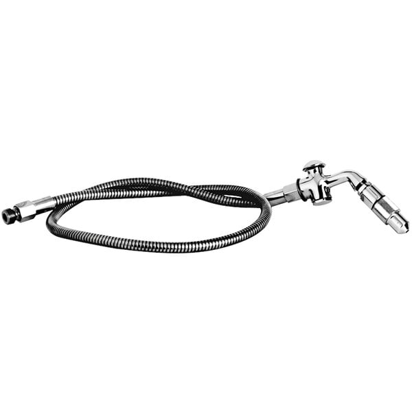 A T&S stainless steel hose with a metal connector.