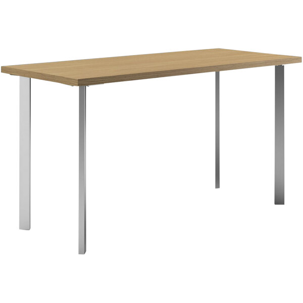 A HON rectangular desk with metal legs and a natural wood surface.