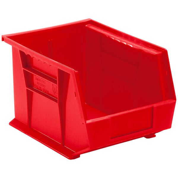 A red plastic Quantum hanging bin with a label.