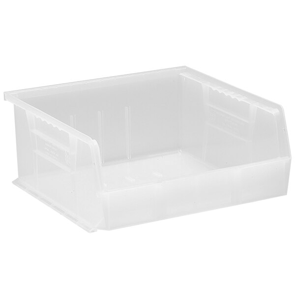 A Quantum clear plastic hanging bin with a handle.