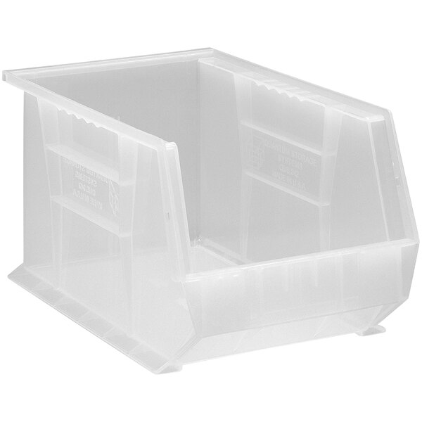 A Quantum clear plastic hanging bin with a lid.