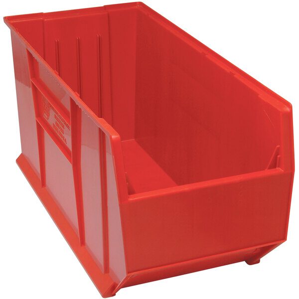A Quantum red plastic storage bin.