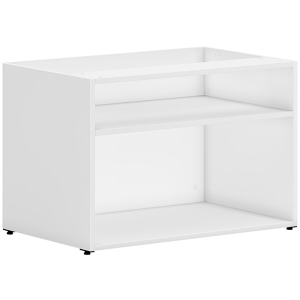 A white open storage credenza with shelves.