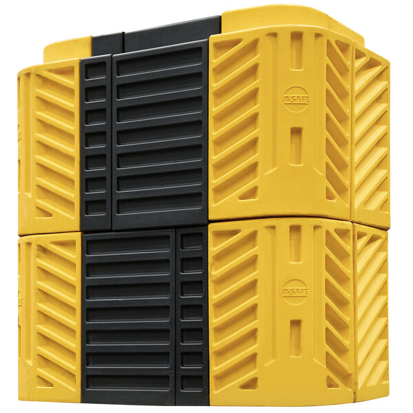 A stack of yellow and black A-Safe FlexiShield column guards.