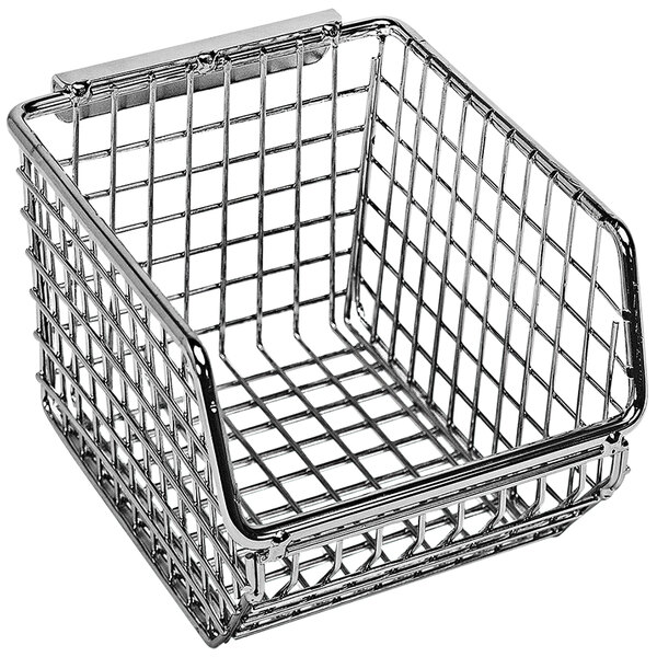 A Quantum chrome wire mesh bin with a handle.