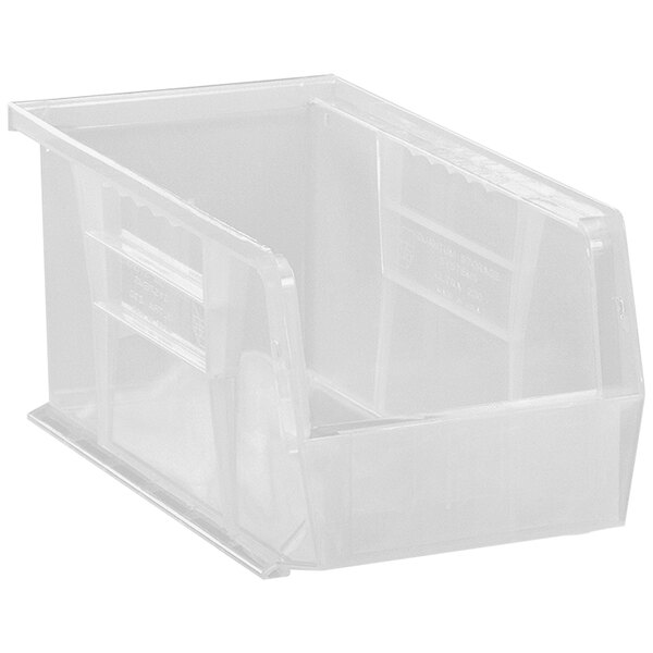 A Quantum clear plastic hanging bin with two compartments and a handle.