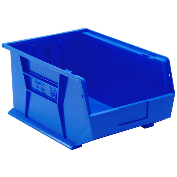 A blue Quantum plastic hanging bin with a handle.