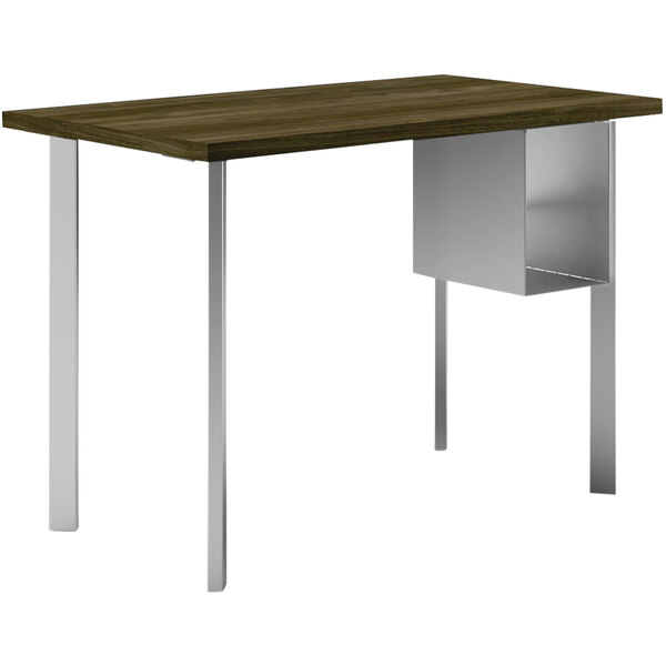 A HON Florence Walnut desk with U-Storage shelves and metal legs.