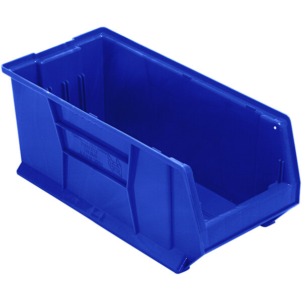 A Quantum blue plastic bin with a handle.