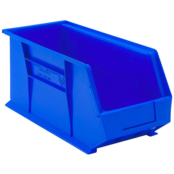A blue plastic Quantum hanging bin with a handle.
