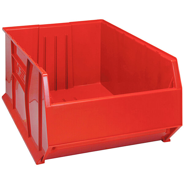 A Quantum red plastic bin with a lid.