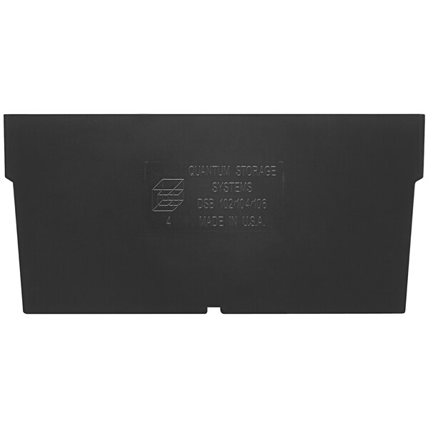 A black rectangular Quantum divider for a hanging bin with text on it.