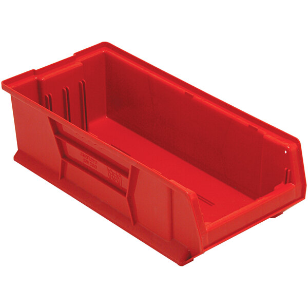 A Quantum red plastic bin with a rectangular bottom and a handle.