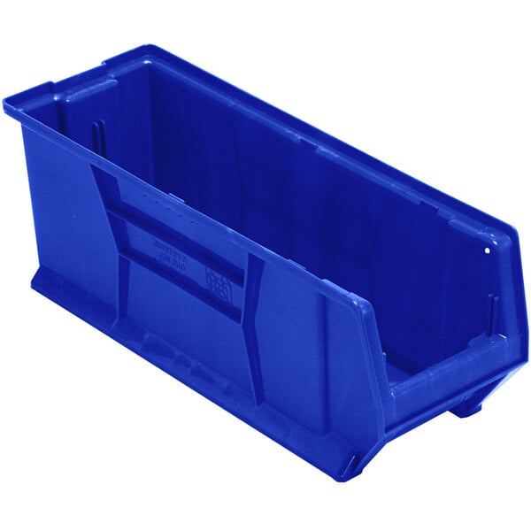 A Quantum blue plastic bin with a lid.