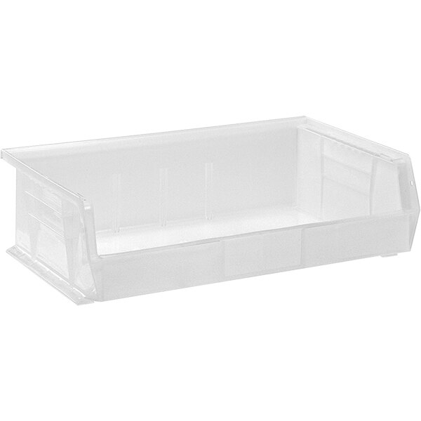 A clear plastic Quantum hanging bin with a white background.