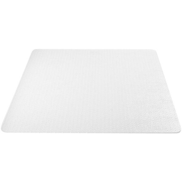 A clear rectangular chair mat with a small square on top.