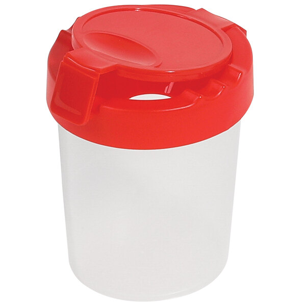 A white and red plastic Deflecto paint container with a red lid.