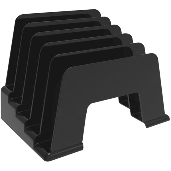 A black Deflecto incline sorter on a counter holding papers of different sizes.