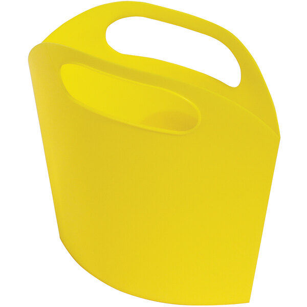 A yellow plastic container with a handle.