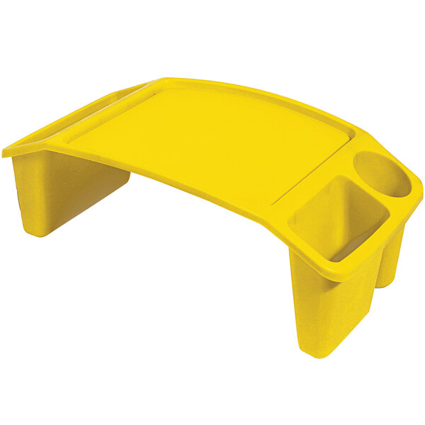 A yellow plastic Deflecto kids lap tray with three compartments and handles.