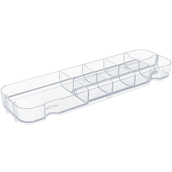 A clear plastic Deflecto storage tray with four compartments.
