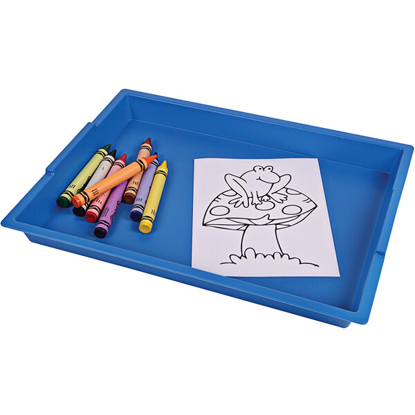 A blue Deflecto antimicrobial kids finger paint tray with crayons on it.
