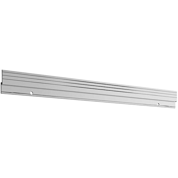 A white rectangular Deflecto aluminum wall mounting bar with holes.