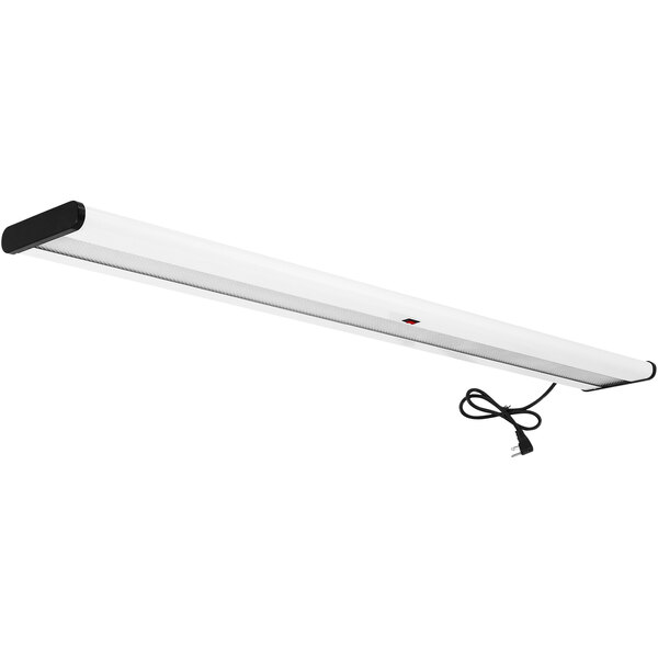 A white BenchPro overhead LED light with a black cord.