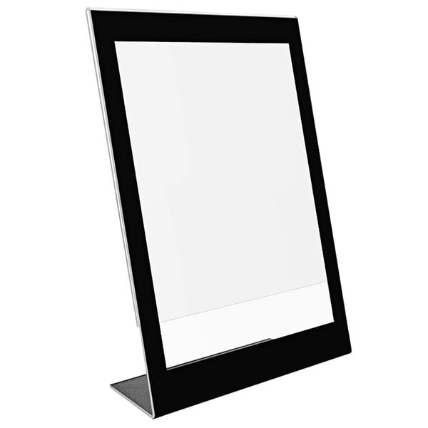 A Deflecto black sign holder with a white screen on a stand.