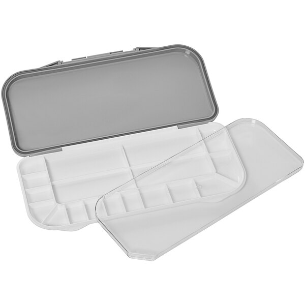 A white and grey plastic Deflecto paint saver container with a tray and two compartments.